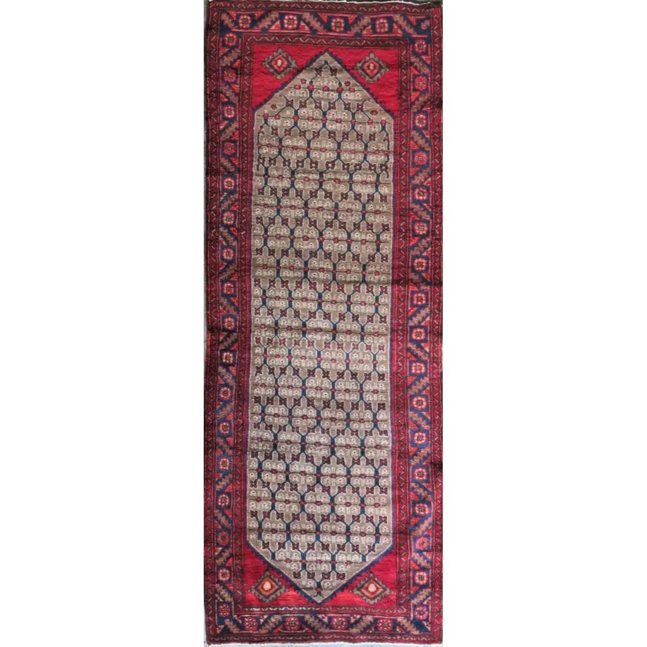 One Of The Kind Hand-Knotted Persian Wool Rug _ Luxurious Vintage Design, 10'6" x 3'5", Artisan Crafted